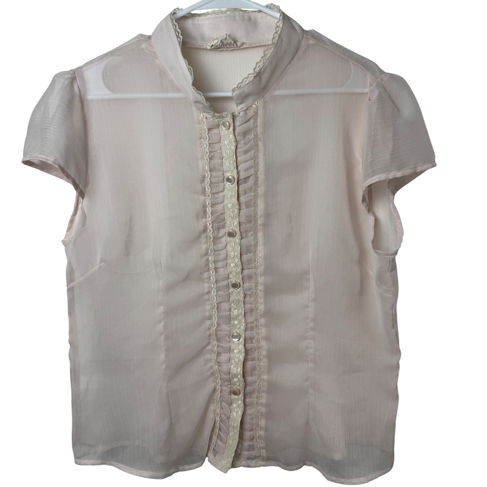 Tatyana Blouse Women XXL Pink Sheer Ruffle Lace Trim Button Up Retro Pinup